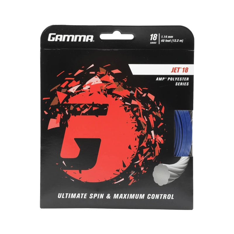 Packaged set of polyester tennis string designed for spin and control, displayed in retail packaging with a visible sample of the string.