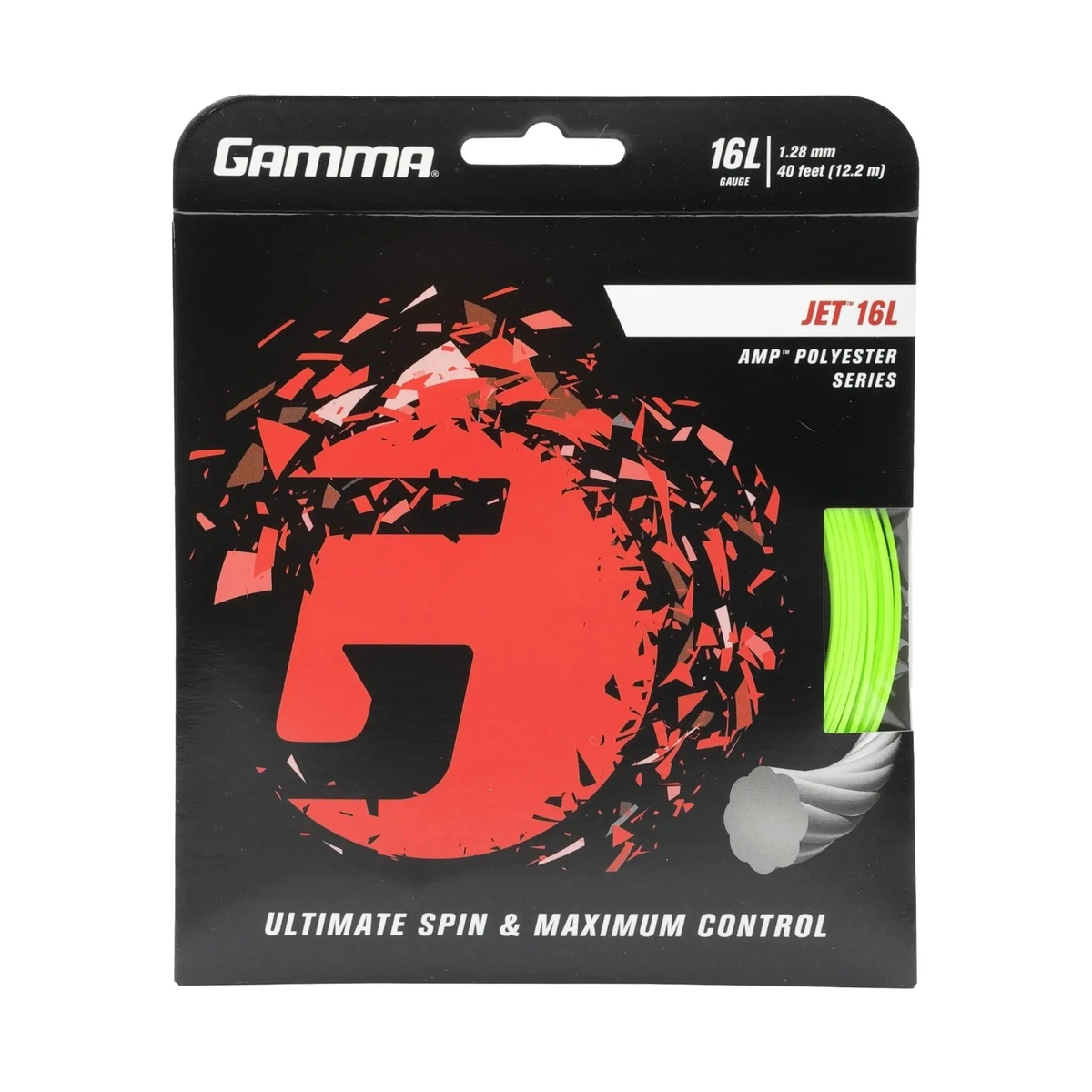 Packaged set of polyester tennis string designed for spin and control, displayed in retail packaging with a visible sample of the string.