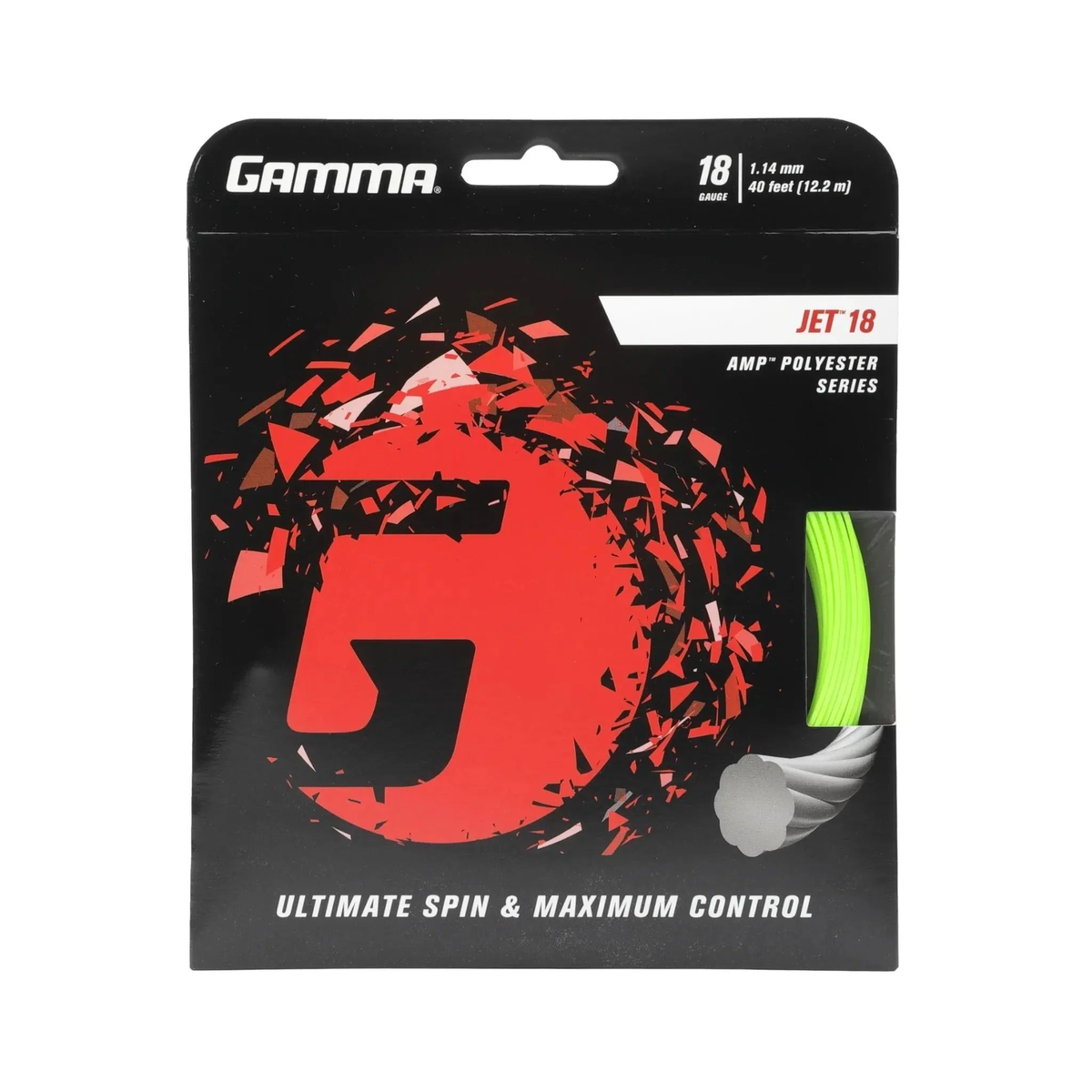 Packaged set of polyester tennis string designed for spin and control, displayed in retail packaging with a visible sample of the string.