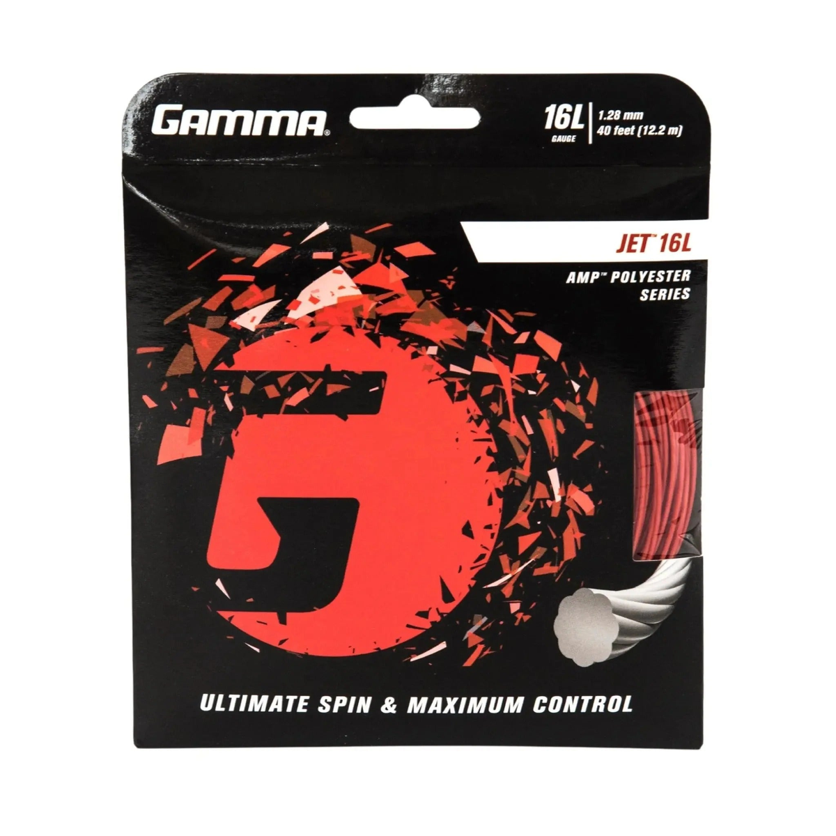 Packaged set of polyester tennis string designed for spin and control, displayed in retail packaging with a visible sample of the string.