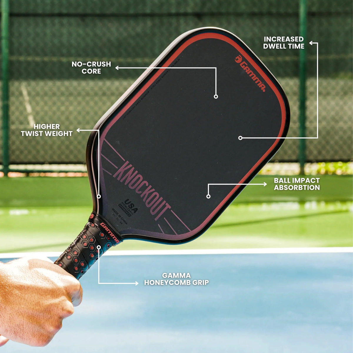 Pickleball paddle with a sleek solid face and cushioned handle, designed for power and control during gameplay.