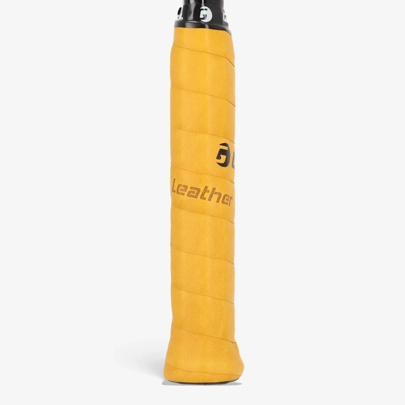 Packaged leather racquet grip designed to provide firm feel and lasting traction, displayed in retail packaging.