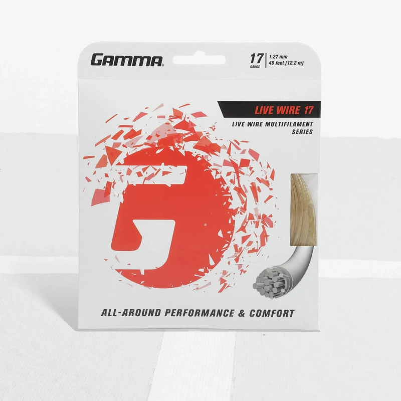 Packaged multifilament tennis string designed for all-around performance and comfort, displayed in retail packaging.