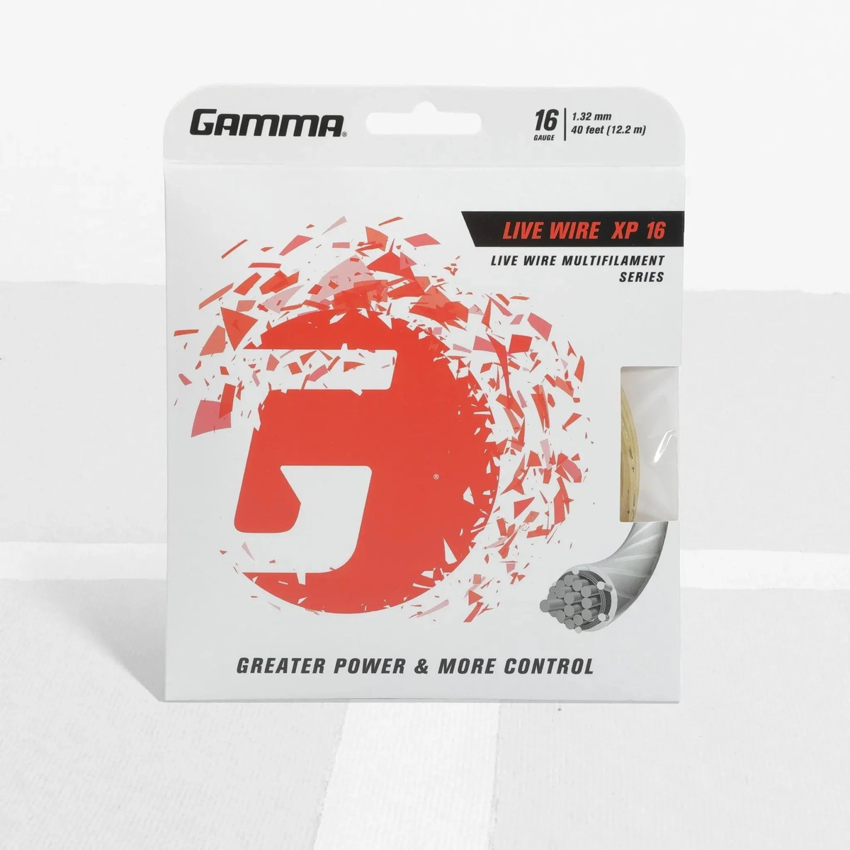 Packaged multifilament tennis string designed for enhanced power and control, displayed in retail packaging.