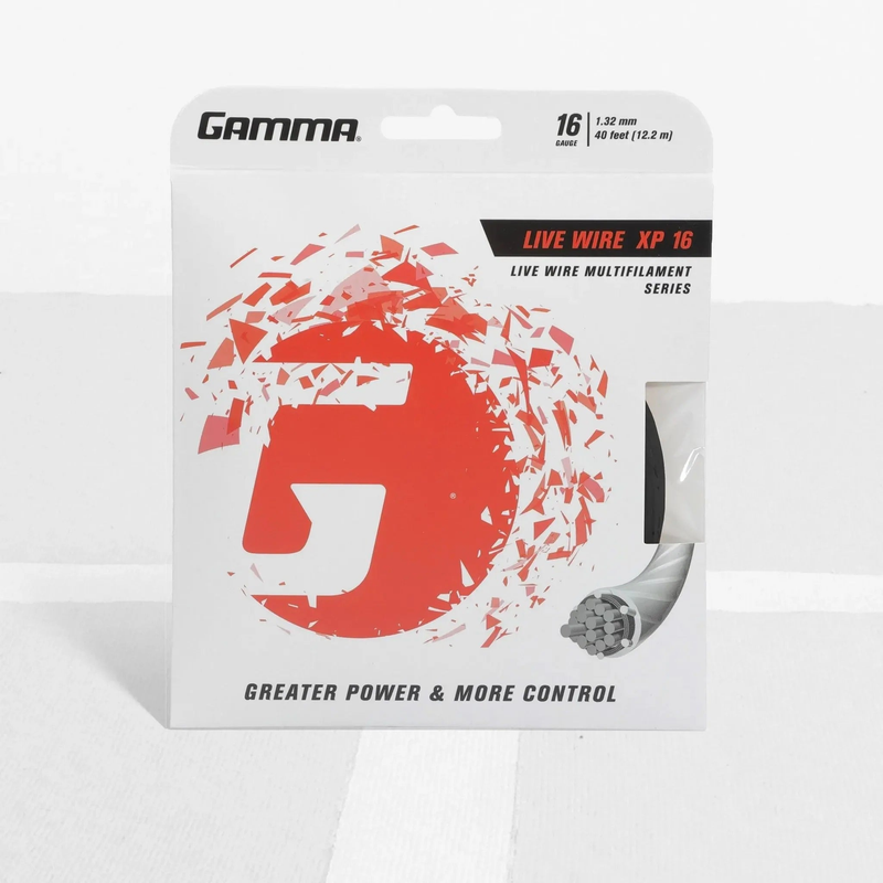 Packaged multifilament tennis string designed for enhanced power and control, displayed in retail packaging.