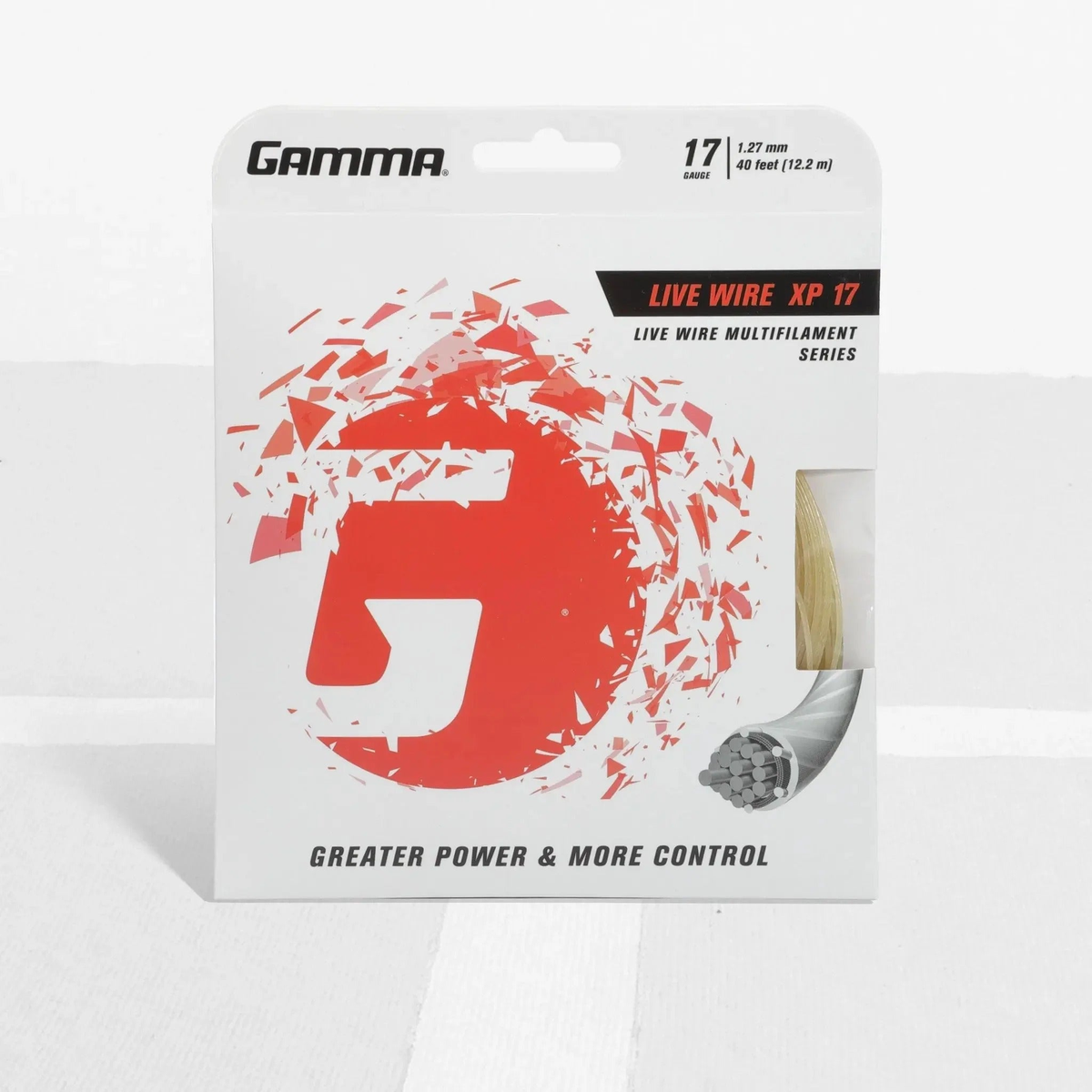 Packaged multifilament tennis string designed for enhanced power and control, displayed in retail packaging.