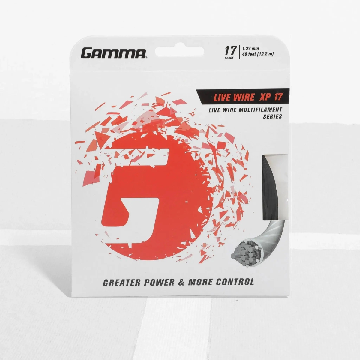 Packaged multifilament tennis string designed for enhanced power and control, displayed in retail packaging.
