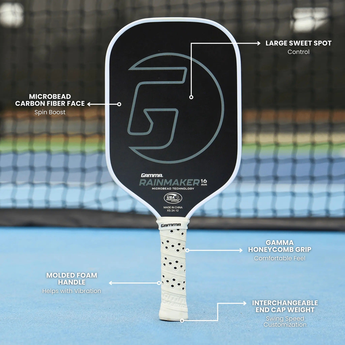 Pickleball paddle featuring a textured face and ergonomic handle, designed for control and performance during play.
