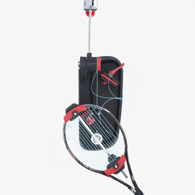 Manual drop weight stringing machine with a base platform, vertical support posts, adjustable tension arm, and mounting clamps for securing racquets during stringing.