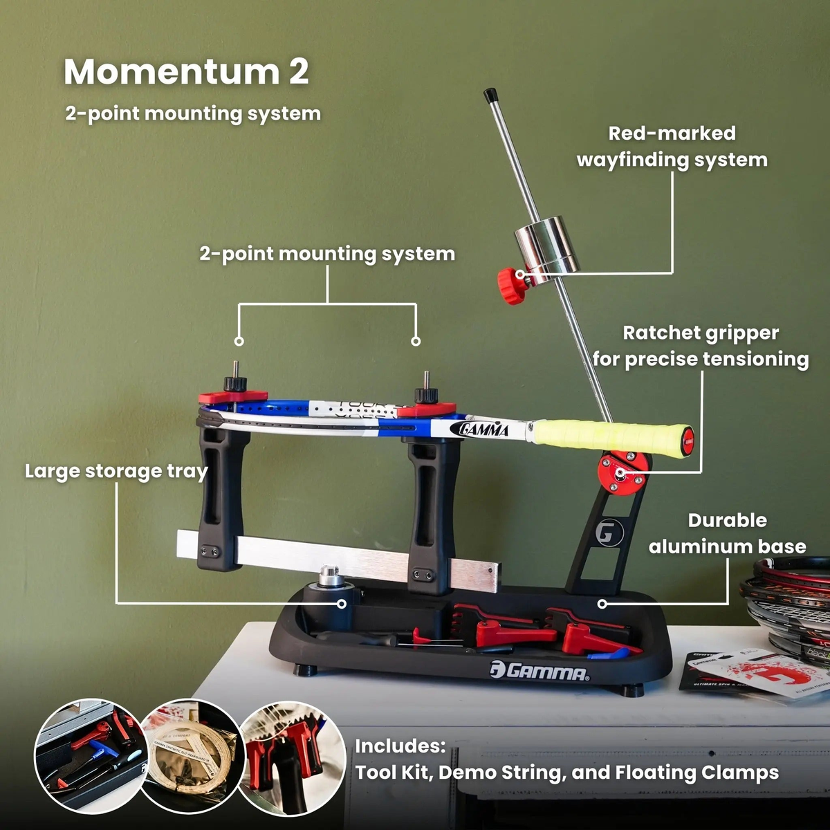 Manual drop weight stringing machine with a base platform, vertical support posts, adjustable tension arm, and mounting clamps for securing racquets during stringing.
