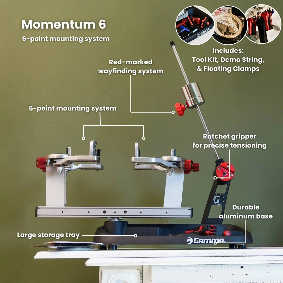 Manual drop weight stringing machine with a base platform, adjustable tension arm, and dual mounting supports with clamp system for securing racquets during stringing.