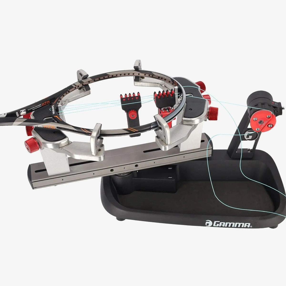Manual drop weight stringing machine with a base platform, adjustable tension arm, and dual mounting supports with clamp system for securing racquets during stringing.