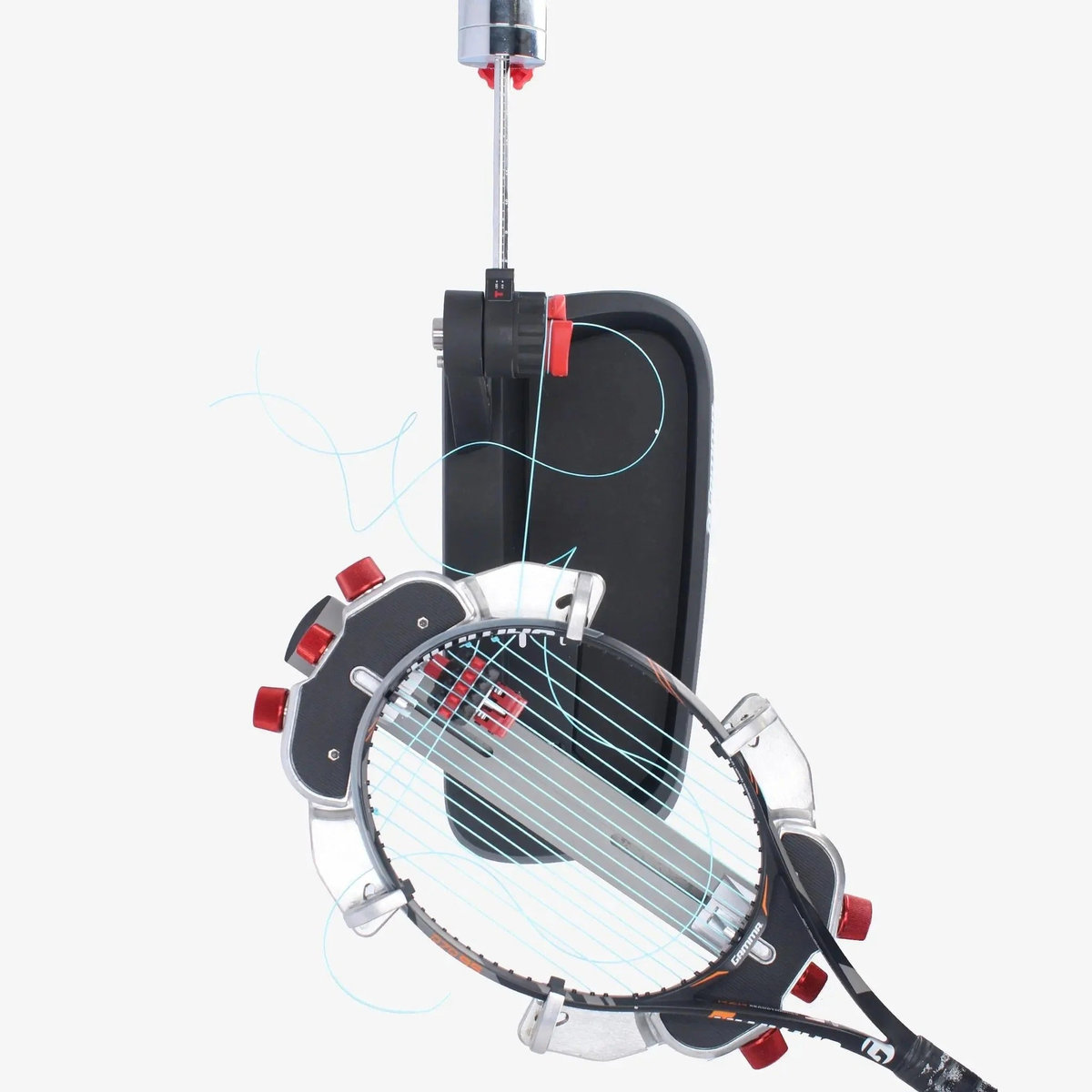 Manual drop weight stringing machine with a base platform, adjustable tension arm, and dual mounting supports with clamp system for securing racquets during stringing.