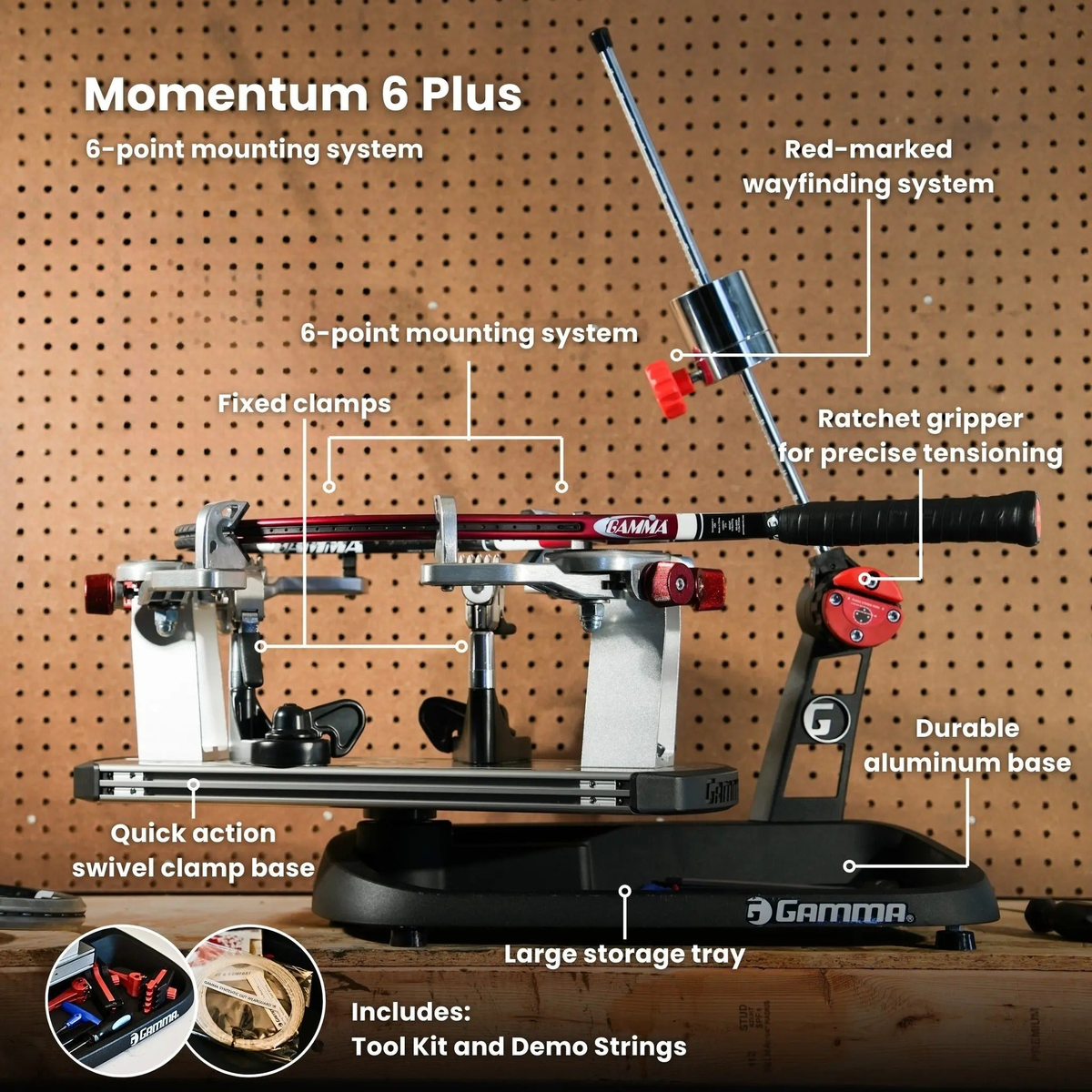 Manual drop weight stringing machine with a base platform, rotating mounting system, adjustable tension arm, and clamp mechanisms for securing and stringing racquets.