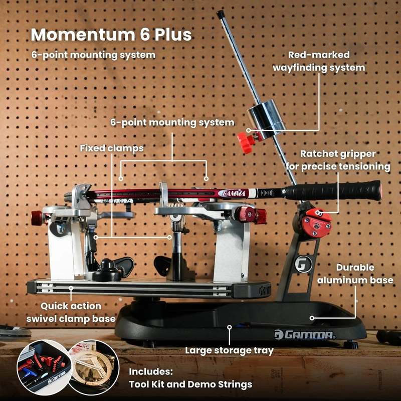 Manual drop weight stringing machine with a base platform, rotating mounting system, adjustable tension arm, and clamp mechanisms for securing and stringing racquets.