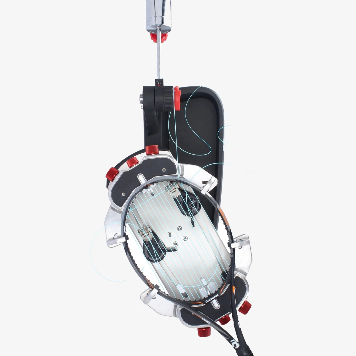 Manual drop weight stringing machine with a base platform, rotating mounting system, adjustable tension arm, and clamp mechanisms for securing and stringing racquets.