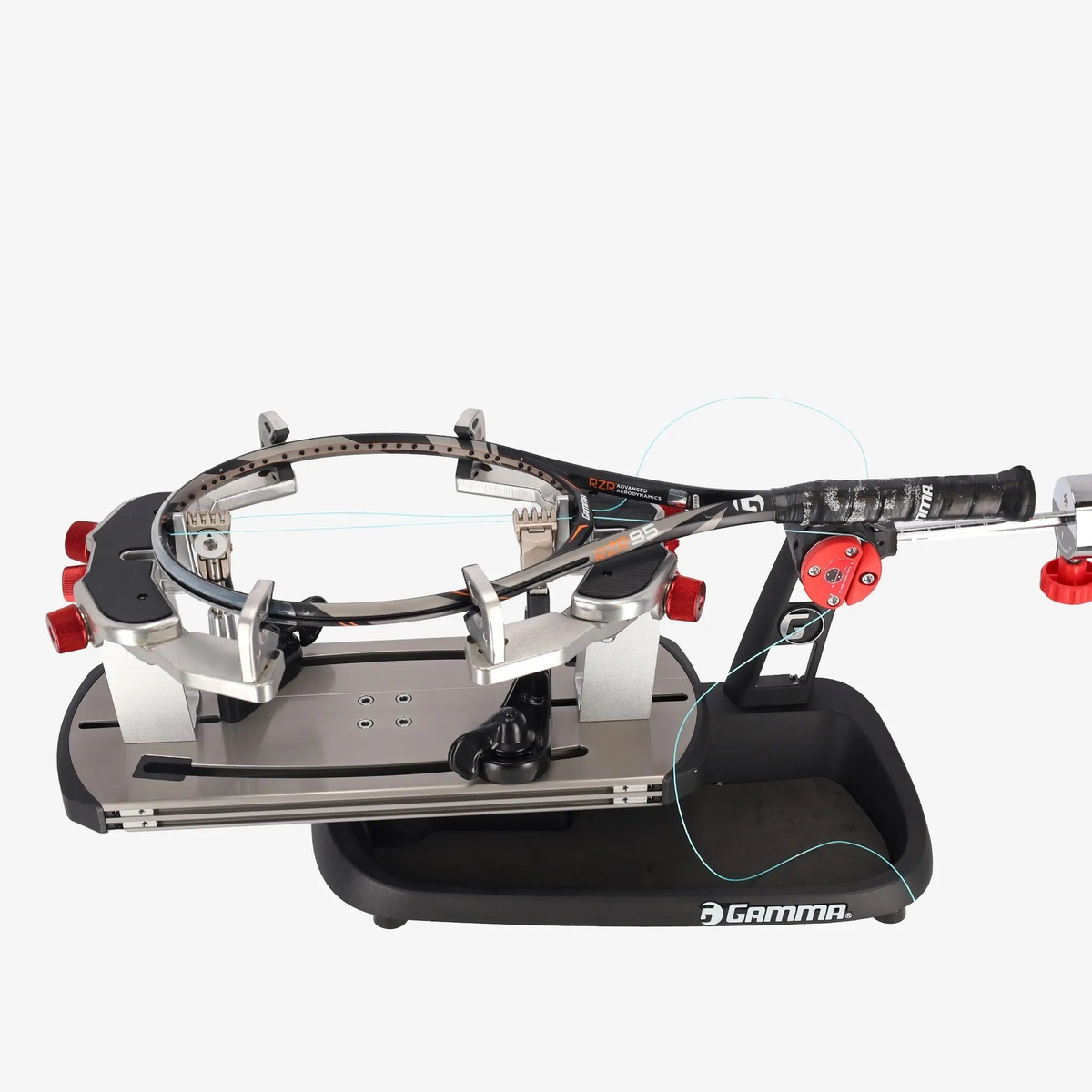 Manual drop weight stringing machine with a base platform, rotating mounting system, adjustable tension arm, and clamp mechanisms for securing and stringing racquets.