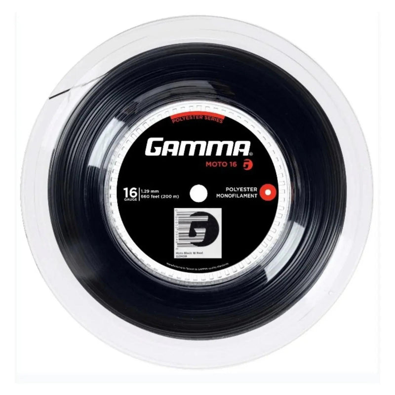 Reel of polyester monofilament tennis string packaged in a circular spool with central label, designed for high spin and durability.