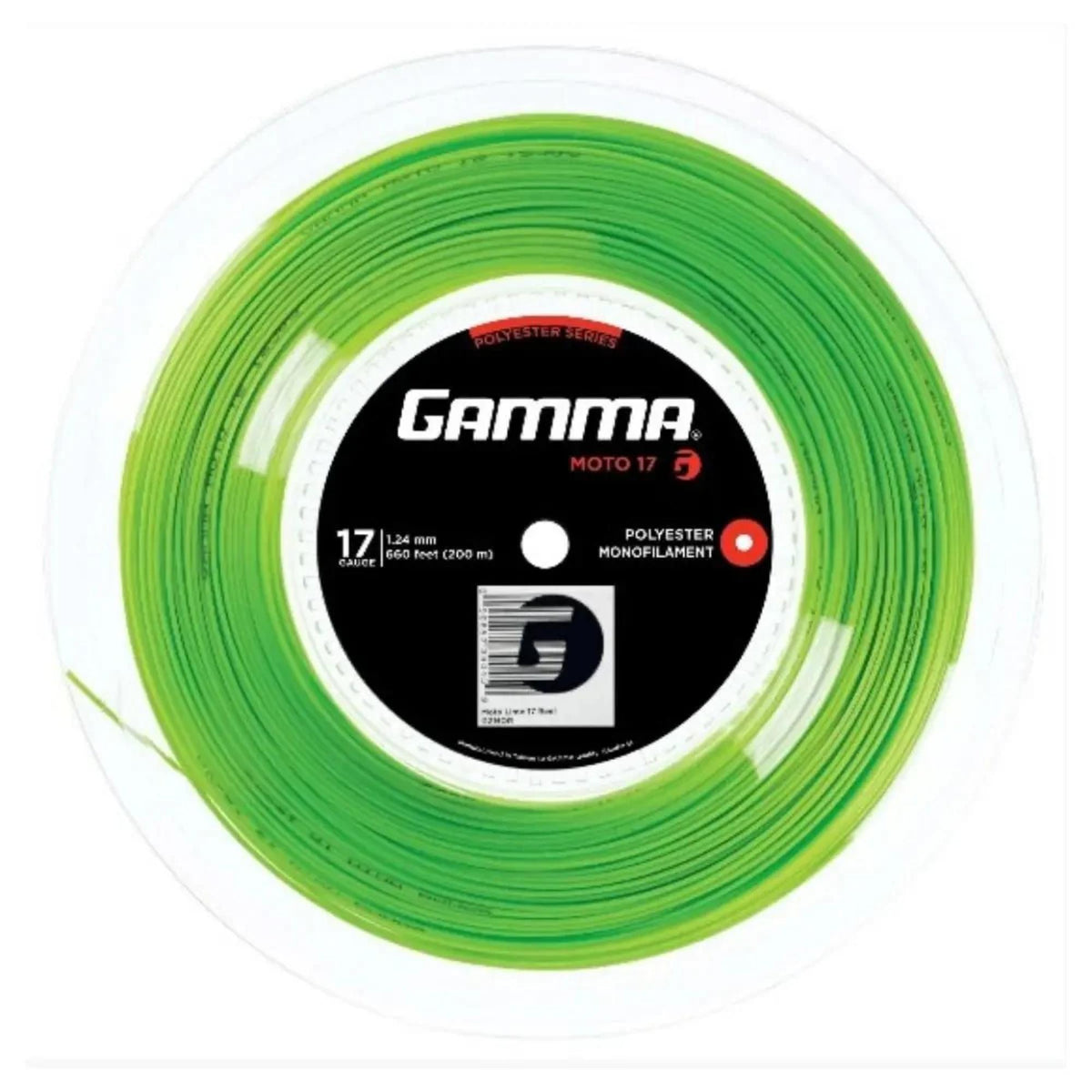 Reel of polyester monofilament tennis string packaged in a circular spool with central label, designed for high spin and durability.