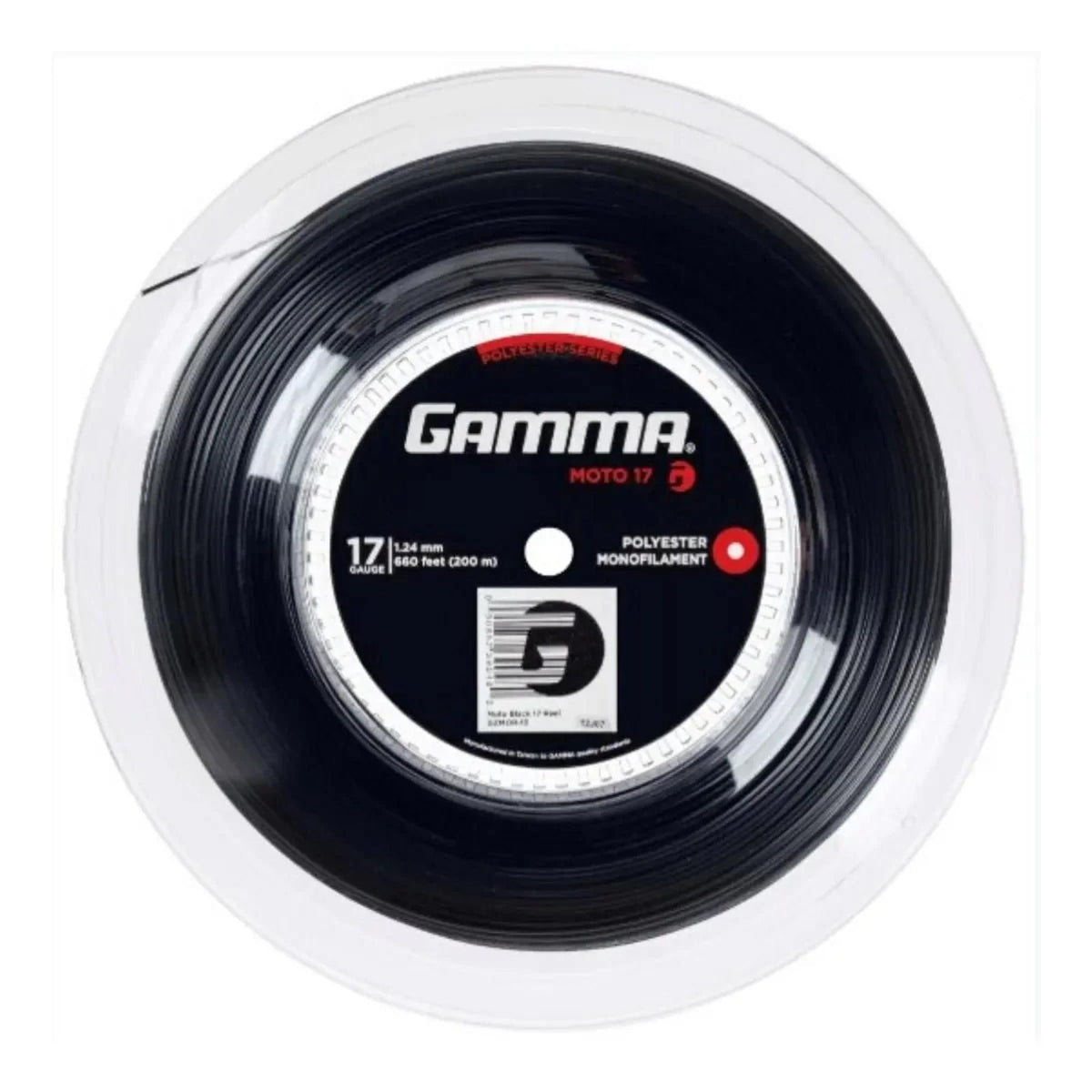 Reel of polyester monofilament tennis string packaged in a circular spool with central label, designed for high spin and durability.