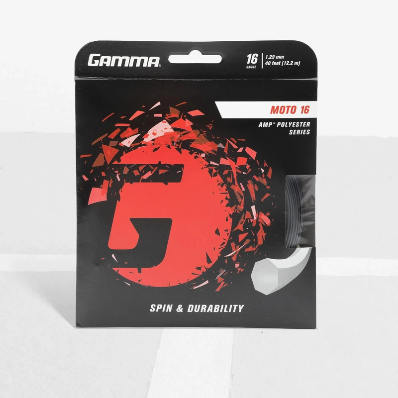Packaged polyester tennis string set with branded card backing and visible coiled string segment, designed for spin and durability performance.