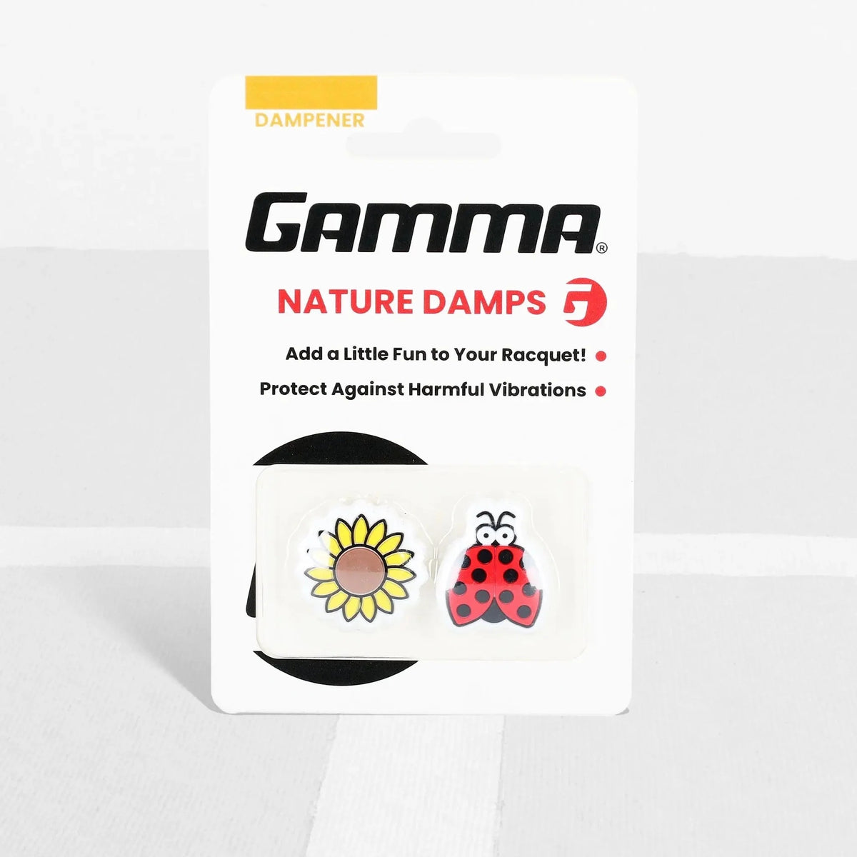 Packaged set of tennis dampeners featuring nature-themed designs, designed to reduce vibration on racquet strings.