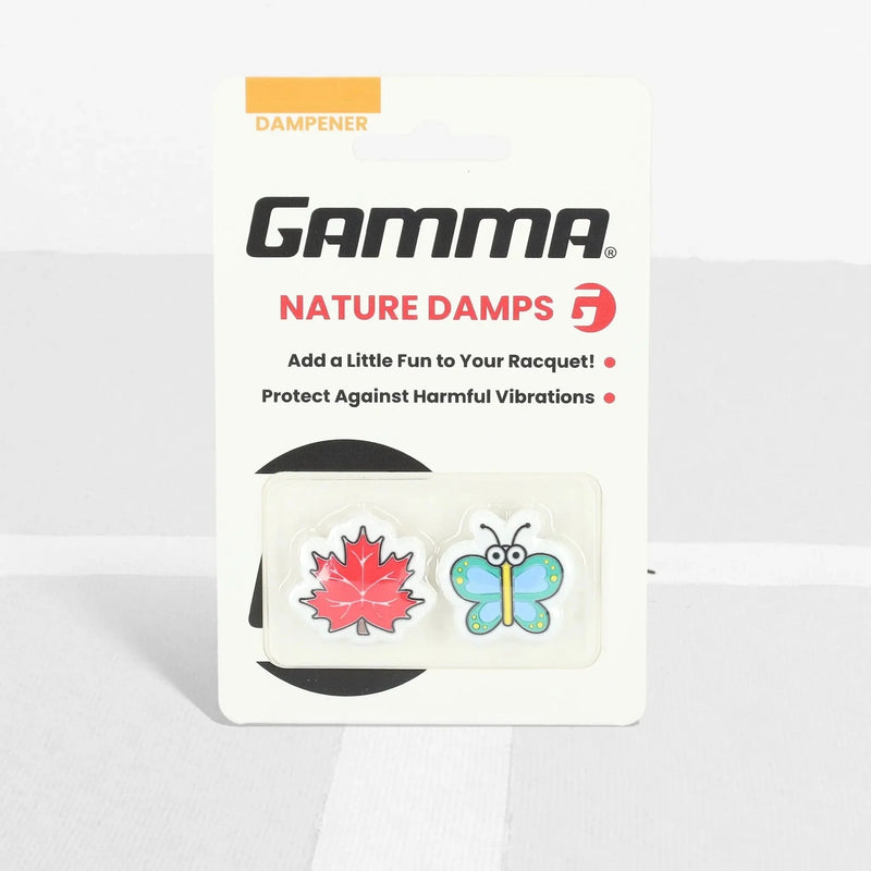 Packaged set of tennis dampeners featuring nature-themed designs, designed to reduce vibration on racquet strings.