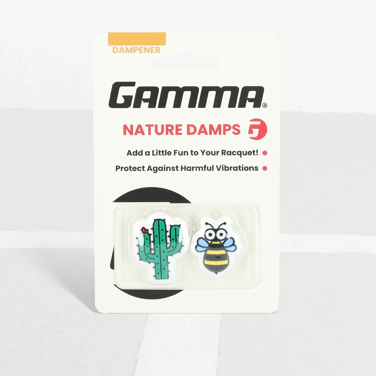 Packaged set of tennis dampeners featuring nature-themed designs, designed to reduce vibration on racquet strings.