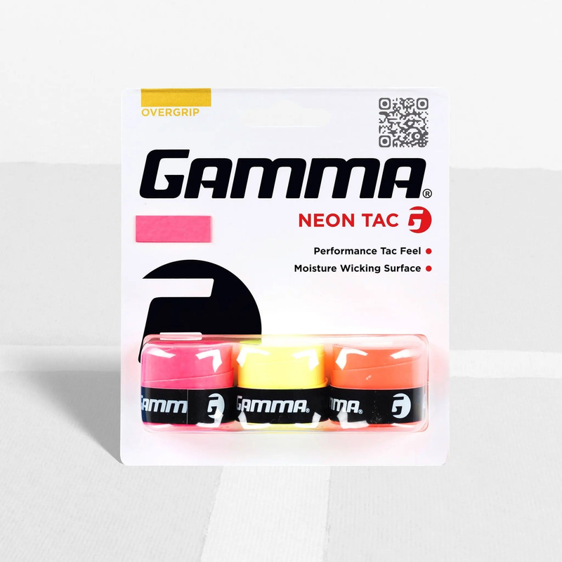 Pack of overgrips in assorted neon styles designed to enhance grip, comfort, and moisture control on racquet handles.