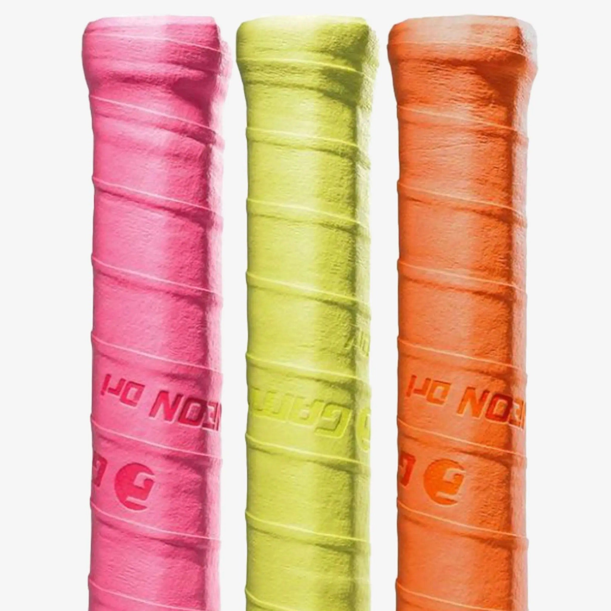 Pack of overgrips in assorted neon styles designed to enhance grip, comfort, and moisture control on racquet handles.