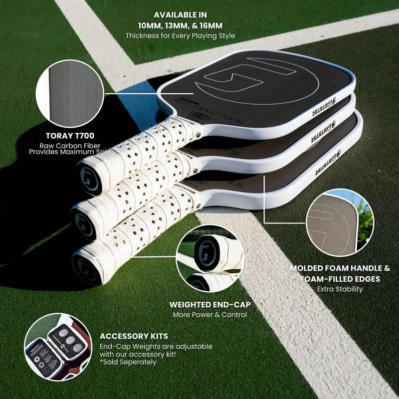 Pickleball paddle with a textured face, wide body shape, and cushioned grip handle designed for control and performance.