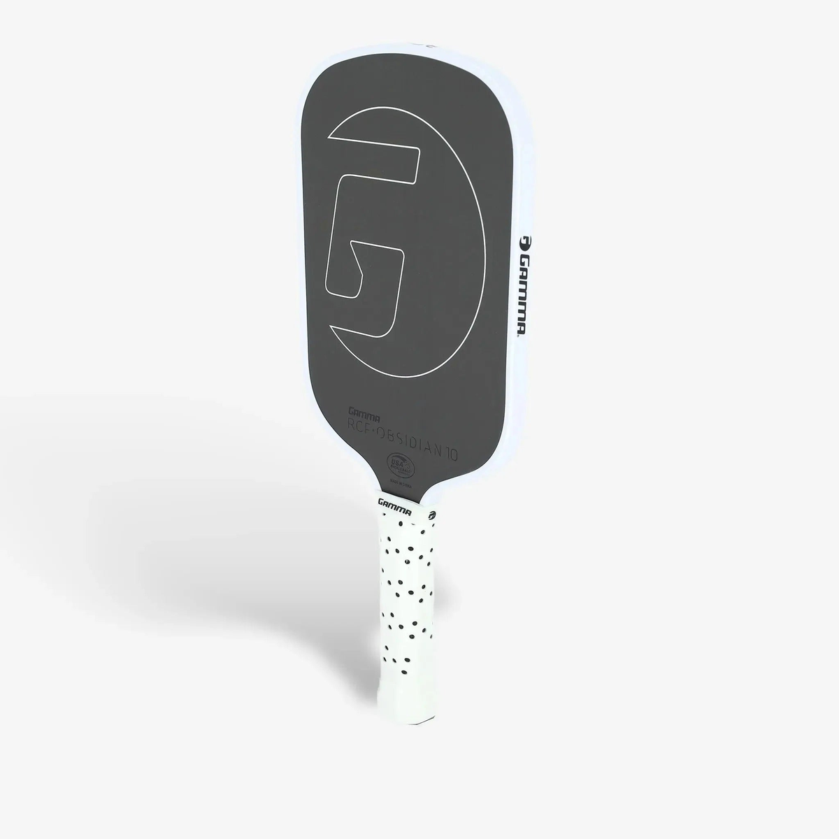 Pickleball paddle with a textured face, wide body shape, and cushioned grip handle designed for control and performance.