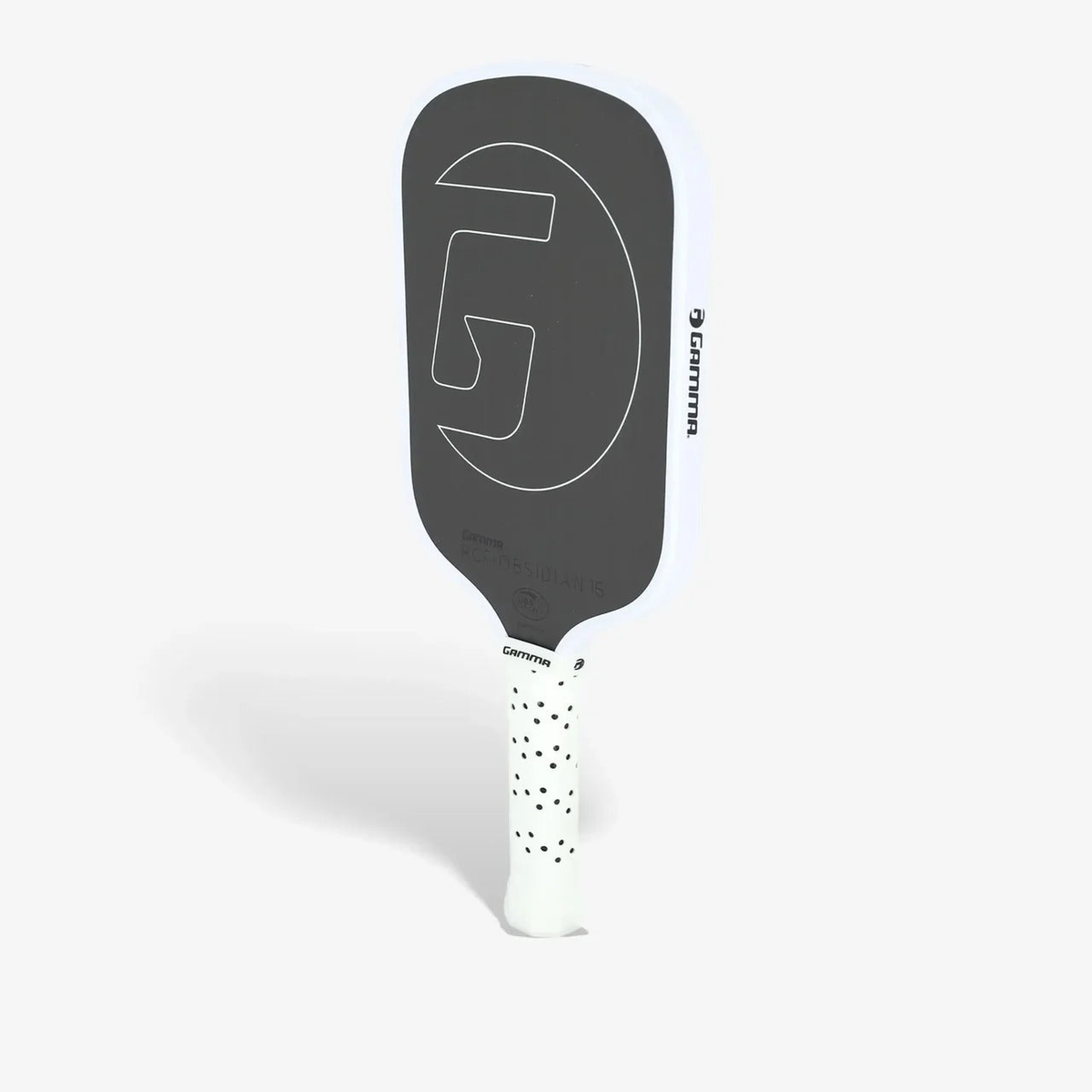 Pickleball paddle with a textured face, wide body shape, and cushioned grip handle designed for control and performance.