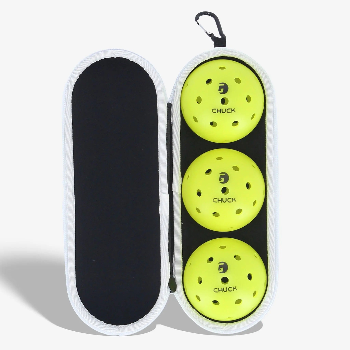 Zippered pickleball ball case with clip attachment, designed for storing and carrying pickleballs.