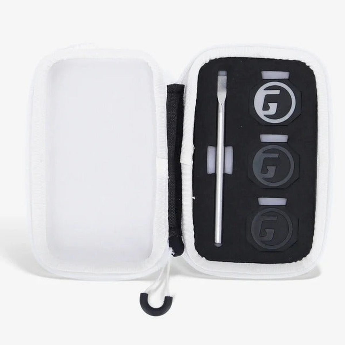 Pickleball paddle end cap weight kit with interchangeable weighted caps, adjustment tool, and storage case.