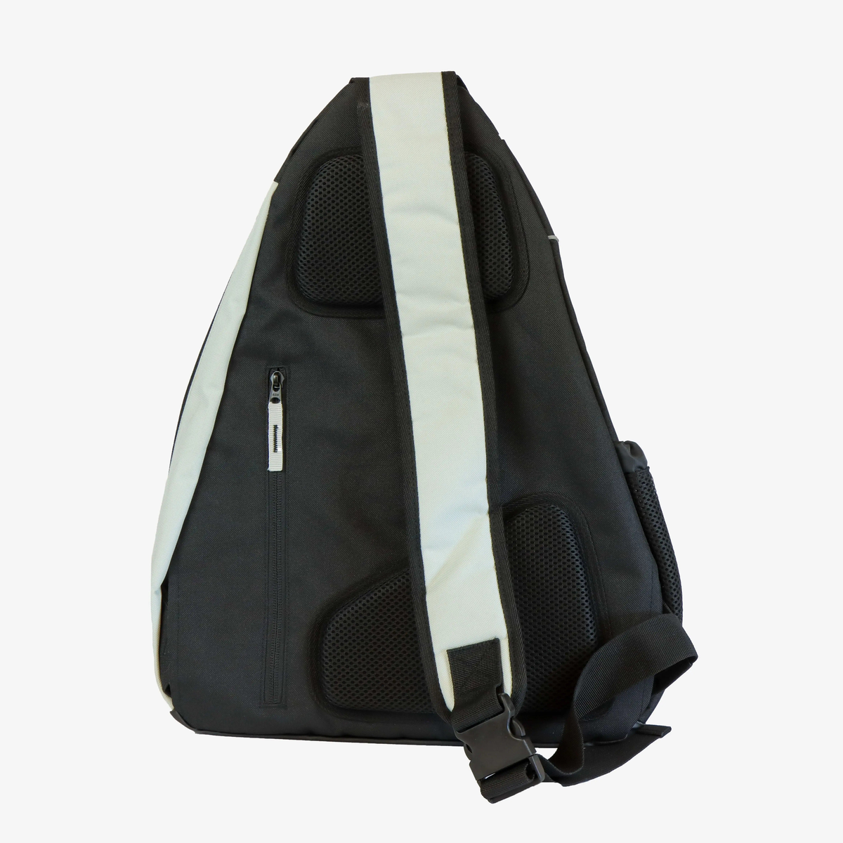 Pickleball sling bag with multiple compartments, mesh pocket, and side holder for carrying paddles, balls, and accessories.