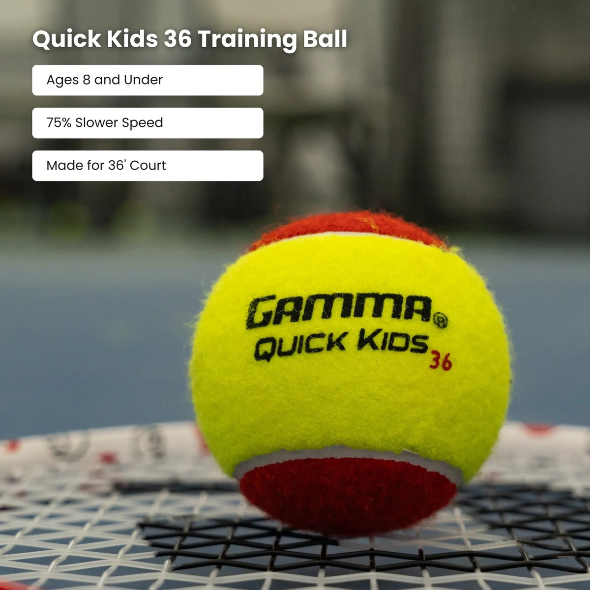 Youth training tennis ball designed for beginner players, featuring a softer construction for controlled bounce and easier skill development on smaller courts.