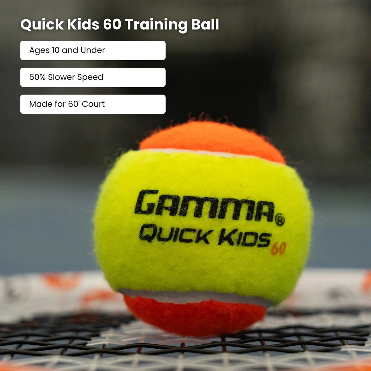 Youth training tennis ball designed for developing players, featuring a lower compression for slower bounce and improved control during practice.