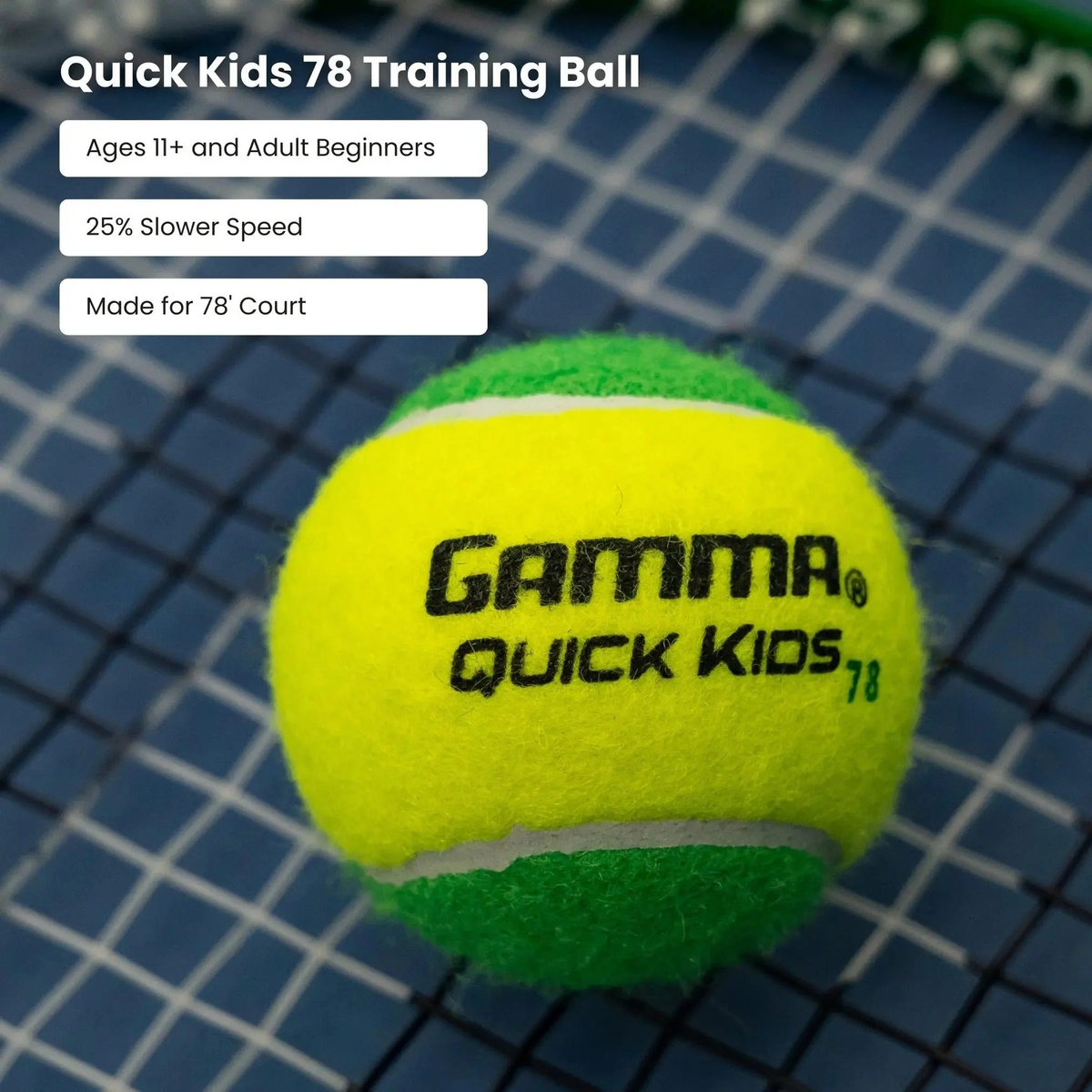 Youth training tennis ball designed for beginner players, featuring reduced compression for a slower bounce and easier control during practice.