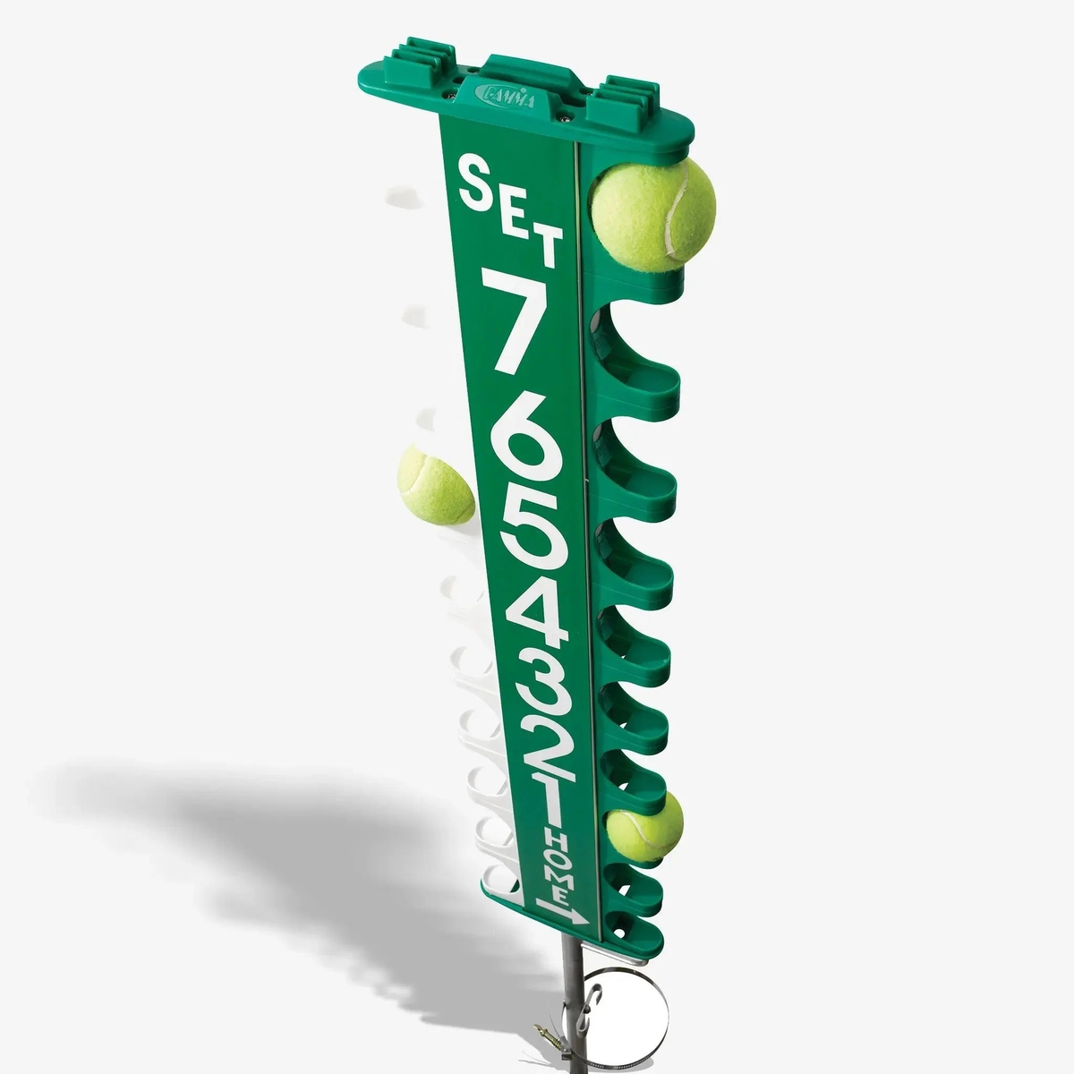 Portable scorekeeping post with rotating number panels and ball holders, designed for tracking game scores on court.
