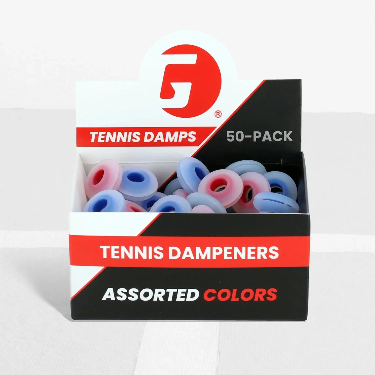 Display box of ring-style tennis string dampeners designed to reduce vibration and improve comfort during play.
