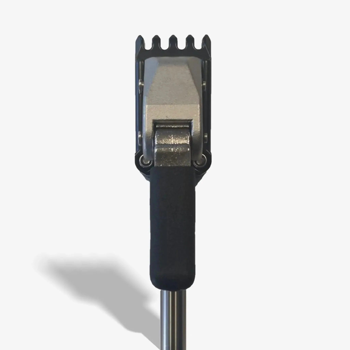 Universal tennis string clamp tool with a slim profile design and multiple teeth for securing strings during racket stringing.