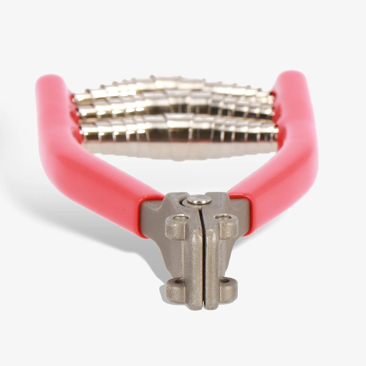 Tennis stringing starting clamp tool with cushioned handles and metal gripping jaws designed to hold strings securely during installation.