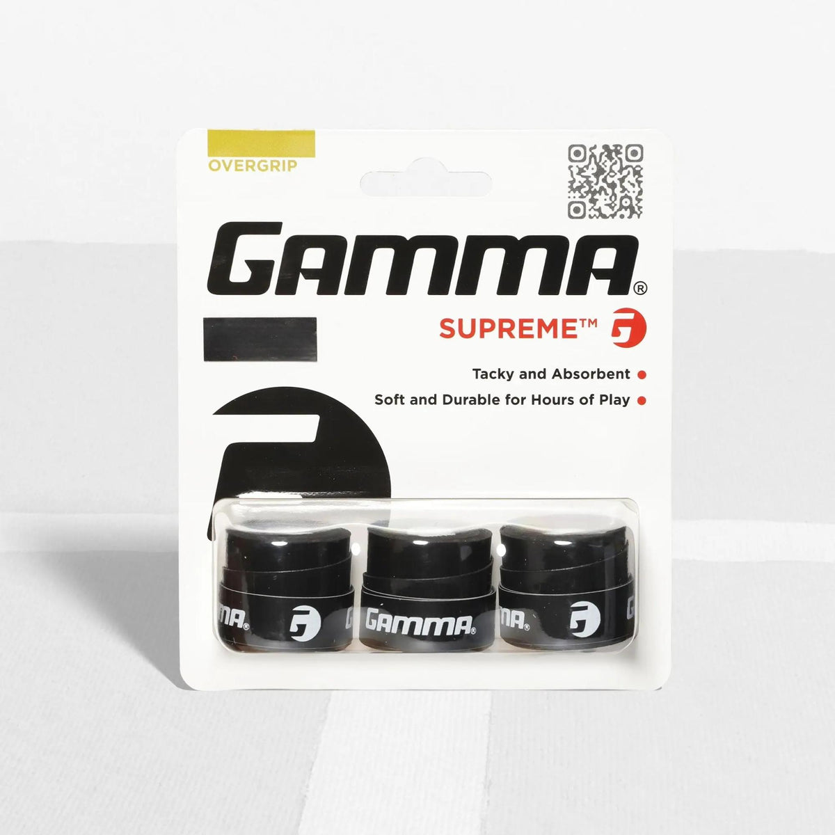 Tennis racket overgrip pack with multiple grip wraps in retail packaging, designed to provide a tacky feel, durability, and moisture absorption.