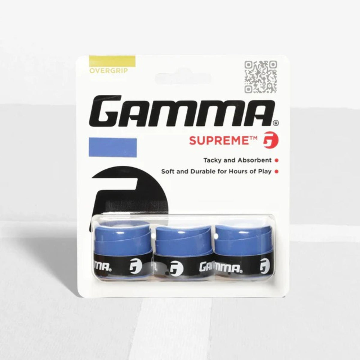 Tennis racket overgrip pack with multiple grip wraps in retail packaging, designed to provide a tacky feel, durability, and moisture absorption.