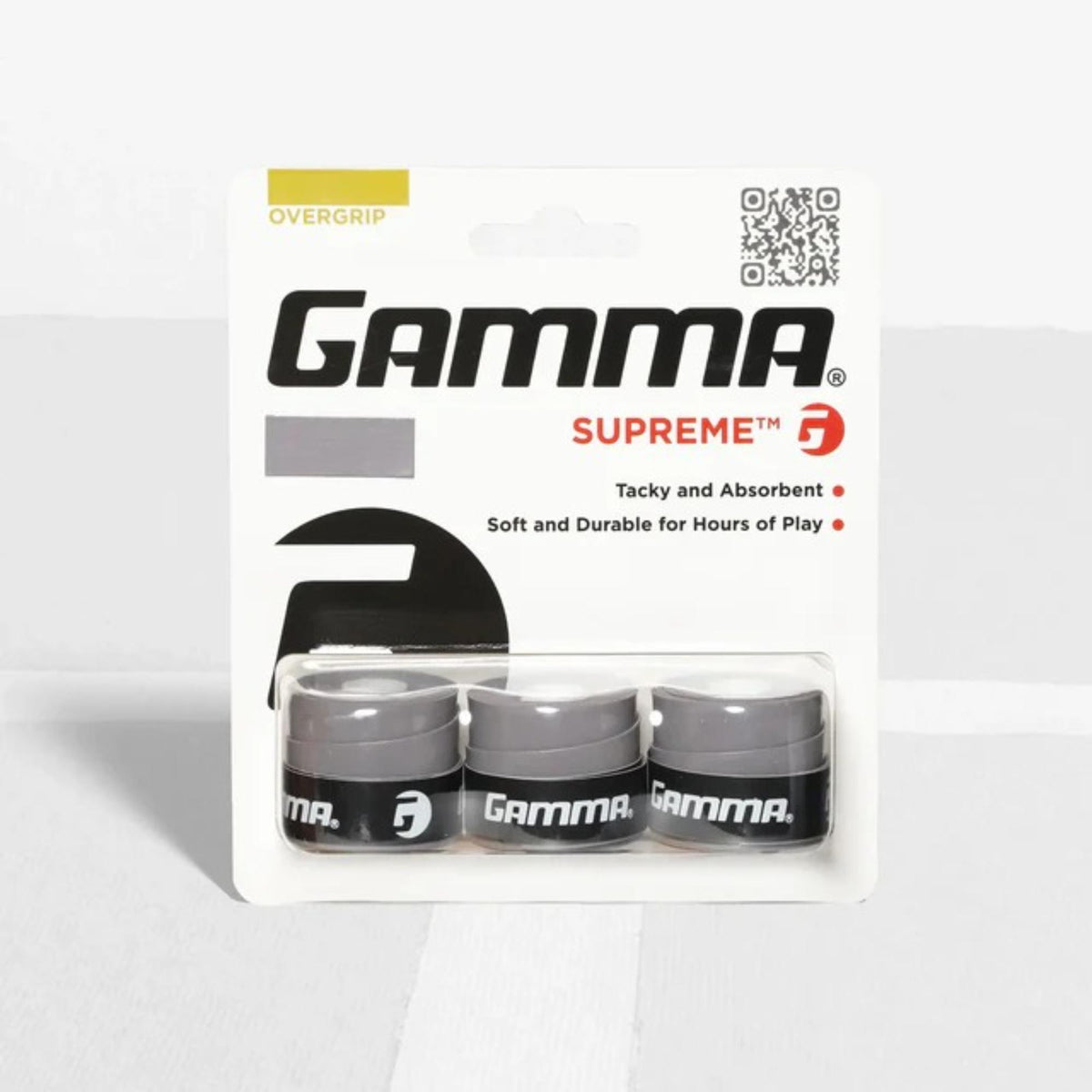 Tennis racket overgrip pack with multiple grip wraps in retail packaging, designed to provide a tacky feel, durability, and moisture absorption.