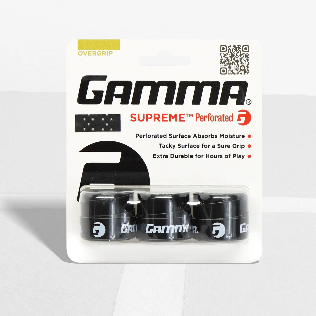 Tennis racket perforated overgrip pack with multiple grip wraps in retail packaging, designed for enhanced moisture absorption, traction, and durability.
