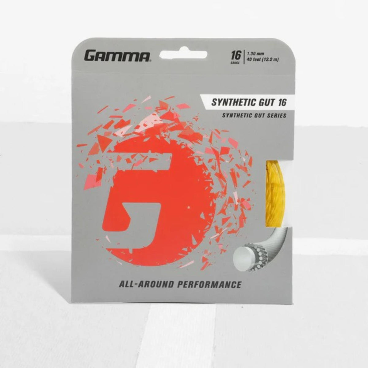 Tennis racket synthetic gut string set in retail packaging, designed for all-around performance and durability.