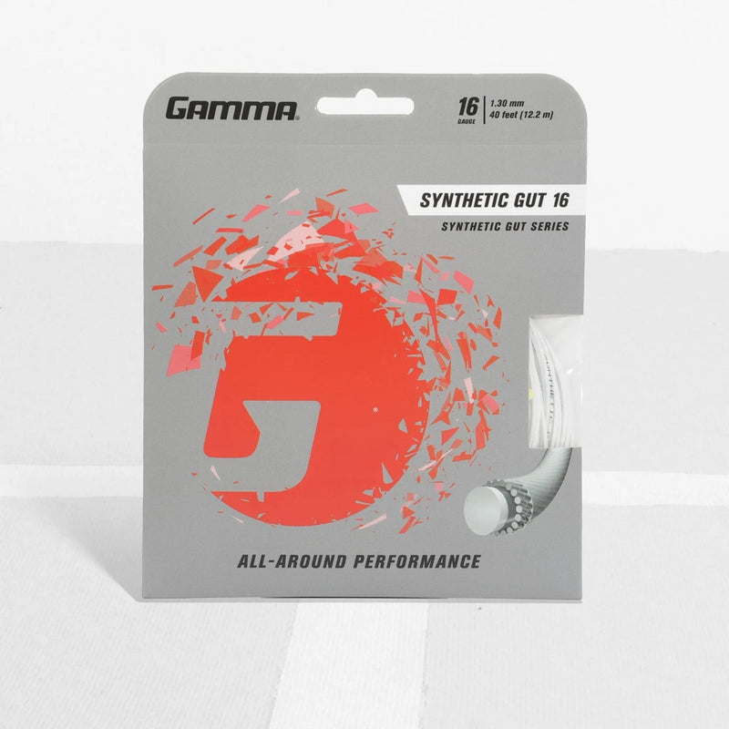 Tennis racket synthetic gut string set in retail packaging, designed for all-around performance and durability.