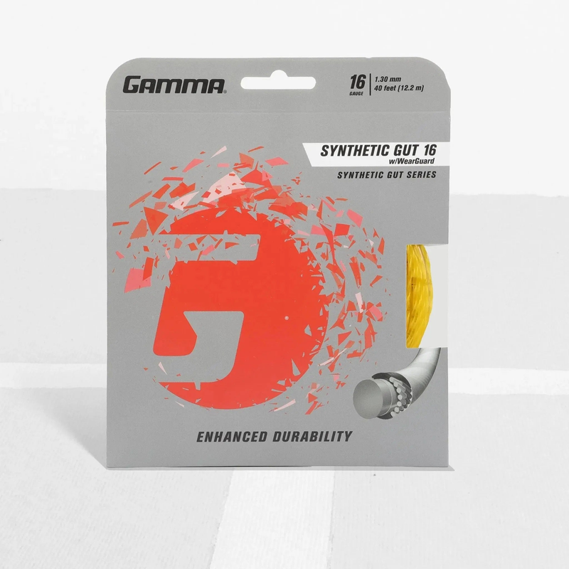 Tennis racket synthetic gut string set with wear-resistant construction in retail packaging, designed for enhanced durability and performance.